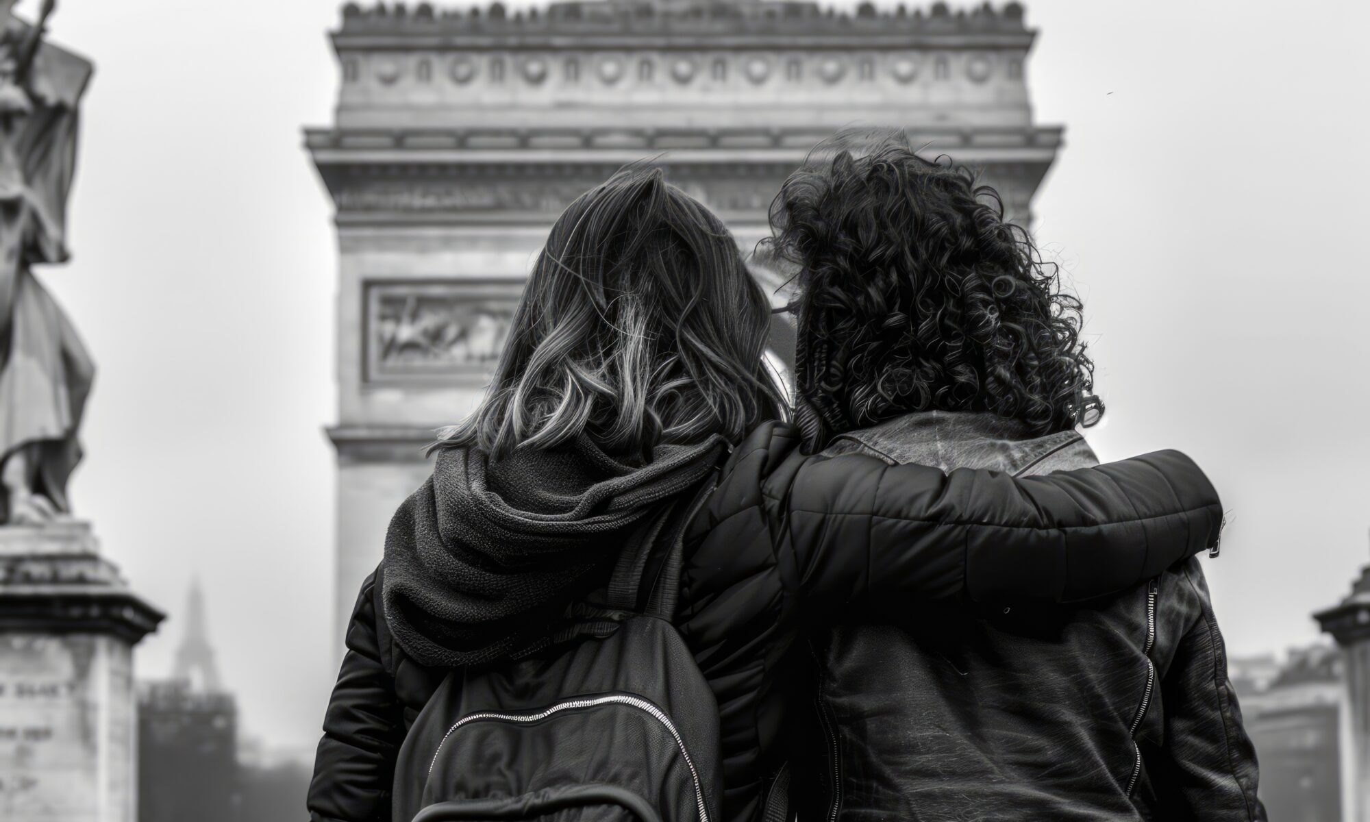 Two friends hugging and overlooking the Arc of Triomphe in the fall