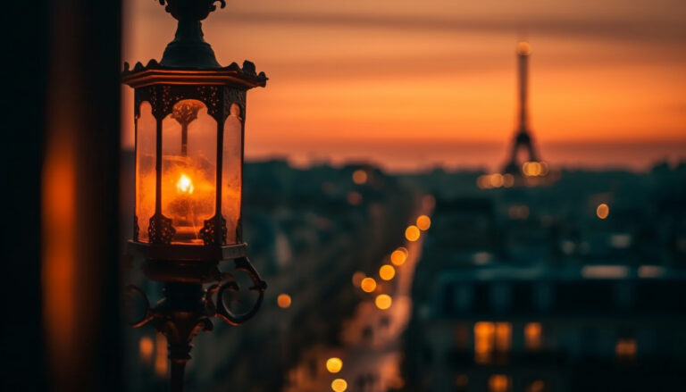 Magical Paris at Dusk, warm sky, city lights and glowing lantern