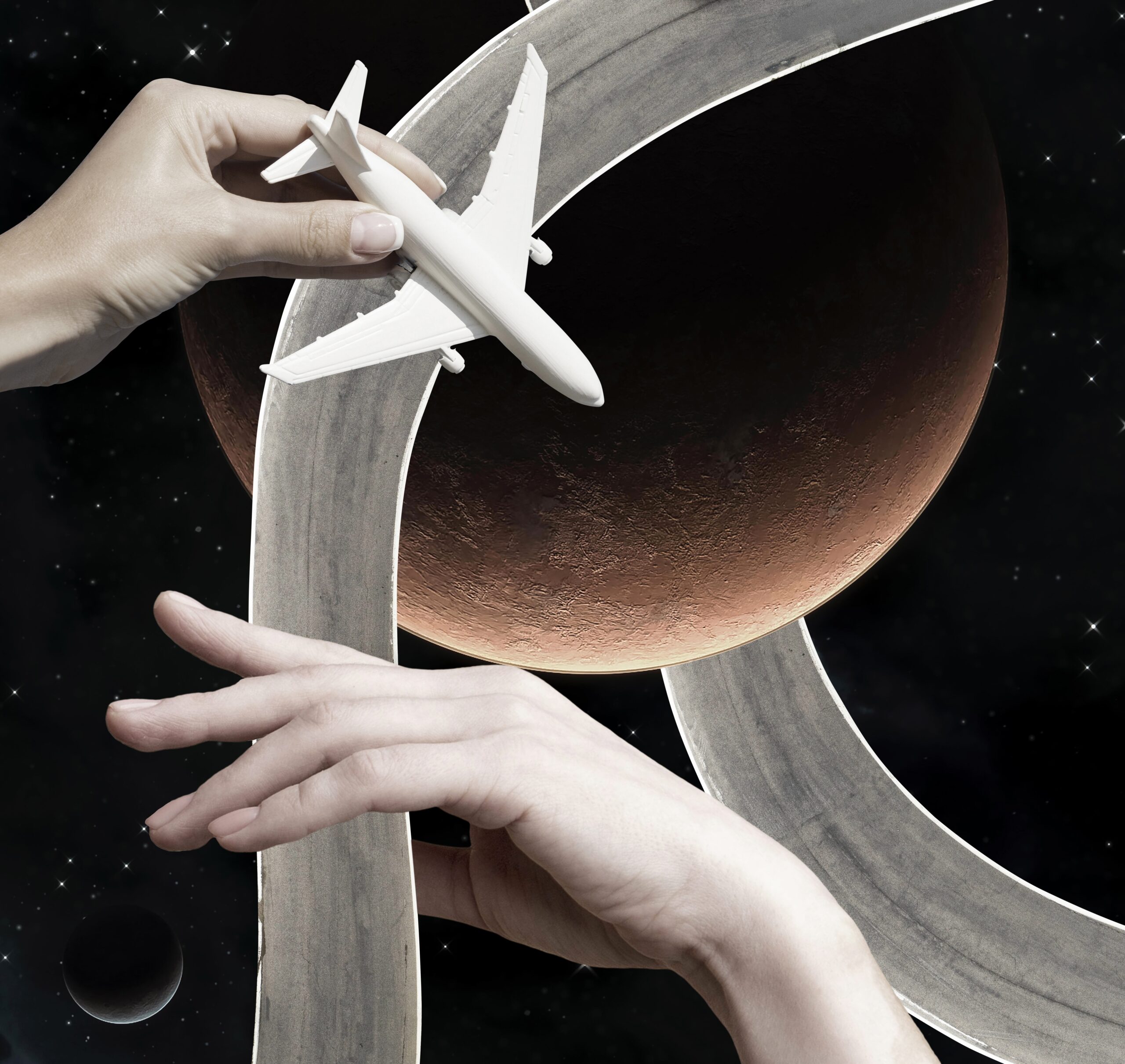 Collage hands holding roads with a plane and planet